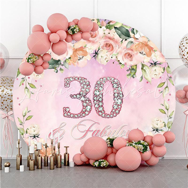 Lofaris Circle Pink Flowers Glitter 30th Birthday Backdrop