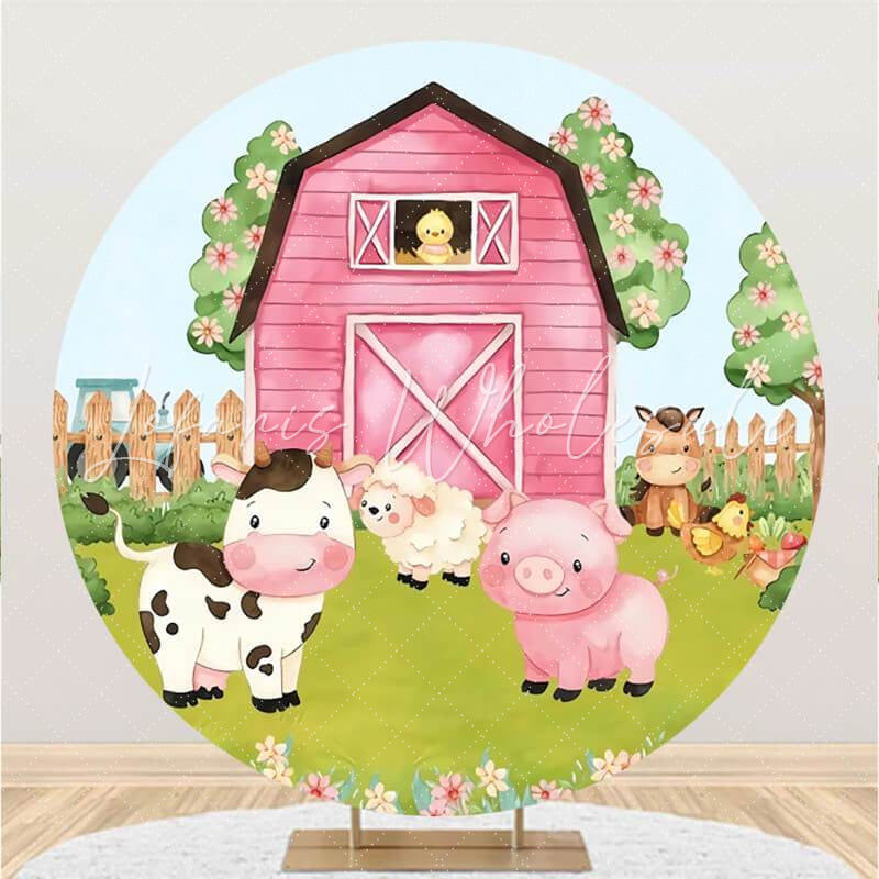 Lofaris Circle Pink House And Animals Baby Shower Backdrop