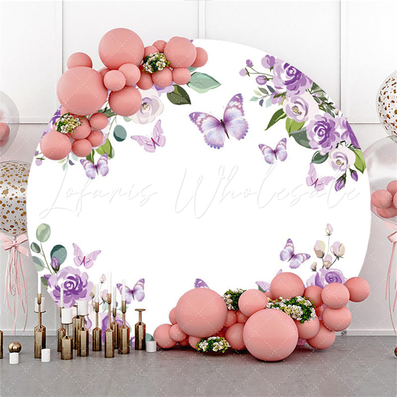 Lofaris Circle Purple Butterfly Rose Happy Birthday Backdrop