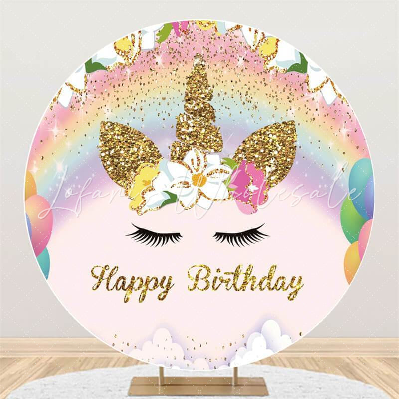 Lofaris Circle Rainbow And Unicorn Happy Birthday Backdrop