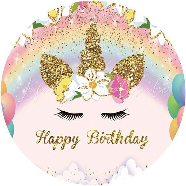 Lofaris Circle Rainbow And Unicorn Happy Birthday Backdrop