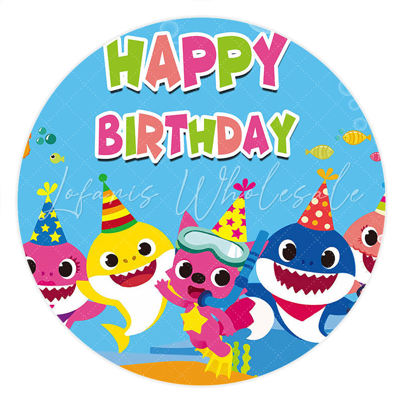 Lofaris Circle Sea Blue Cartoon Shark Happy Birthday Backdrop