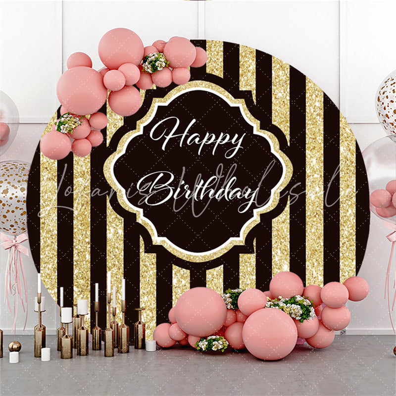 Lofaris Circle Simple Gold Black Stripe Happy Birthday Backdrop