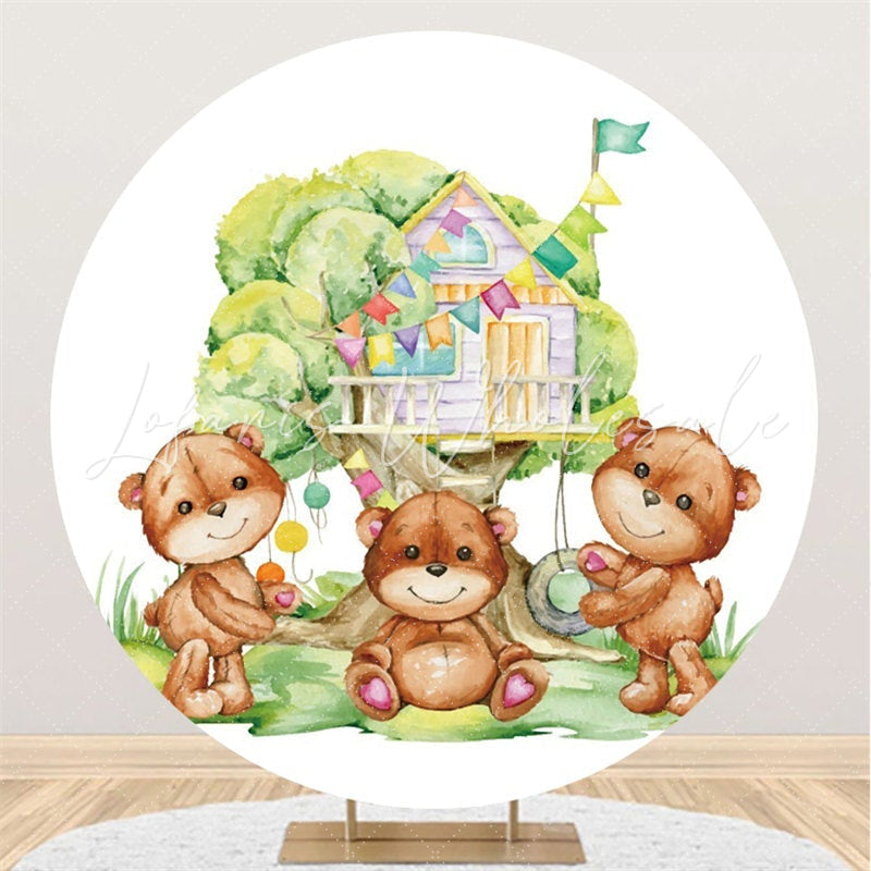 Lofaris Circle Teddy Bears And Tree House Baby Shower Backdrop