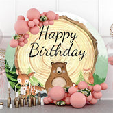 Lofaris Circle Wooden Cute Animals Happy Birthday Backdrop
