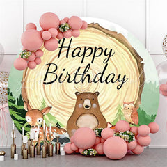 Lofaris Circle Wooden Cute Animals Happy Birthday Backdrop