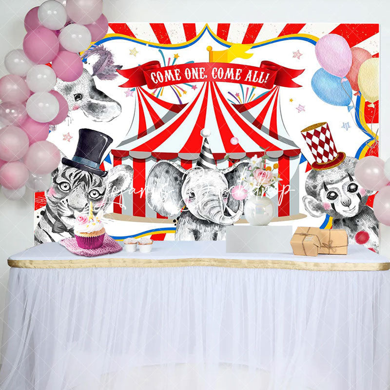 Lofaris Circus Animal Show Red White Stripe Birthday Backdrop