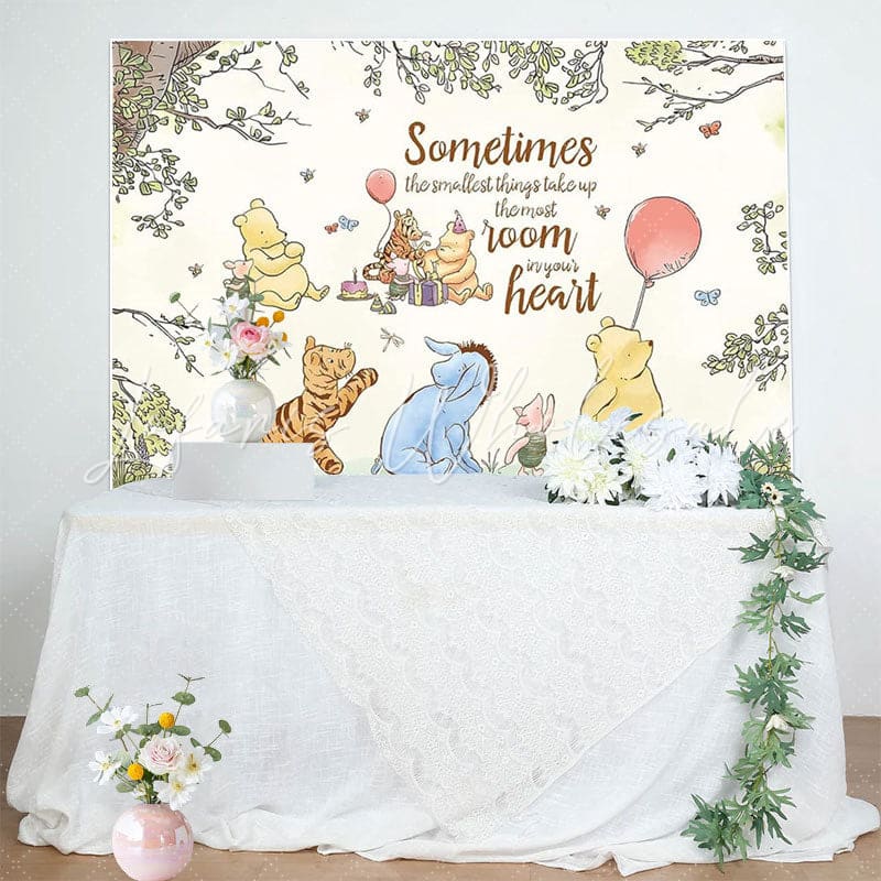 Classic Winnie Pooh Bear Watercolor Tree Baby Shower Backdrop
