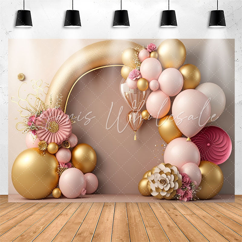 Lofaris Classy Golden Floral Balloons 1st Birthday Backdrop