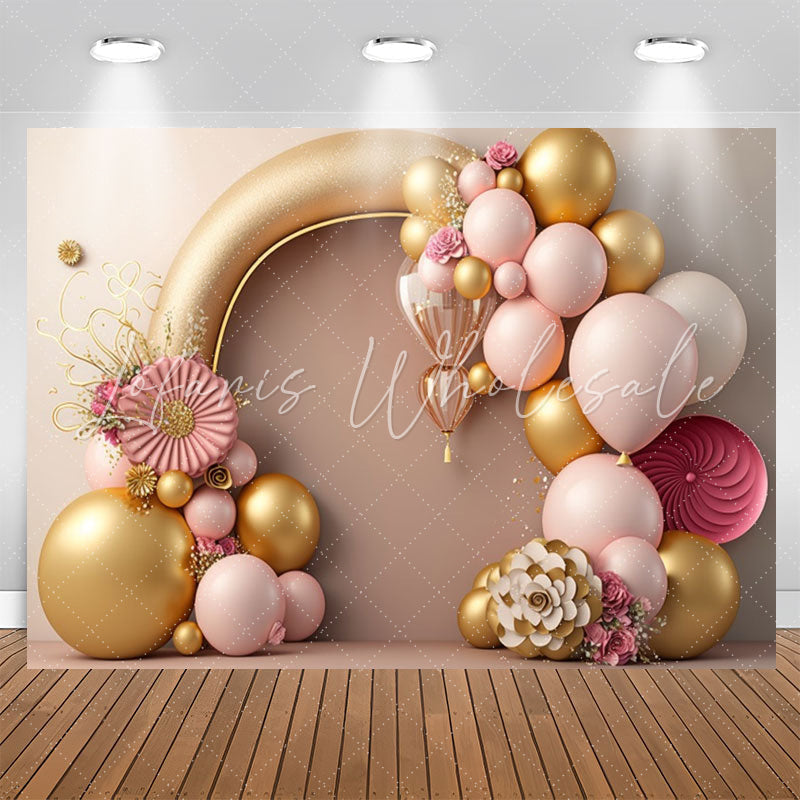 Lofaris Classy Golden Floral Balloons 1st Birthday Backdrop