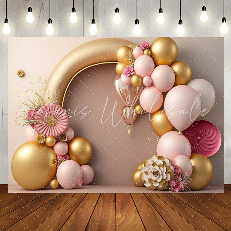 Lofaris Classy Golden Floral Balloons 1st Birthday Backdrop