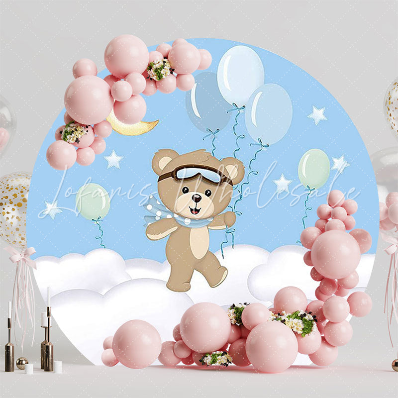 Clouds Ballooning Bear Round Backdrop for Fun Celebration