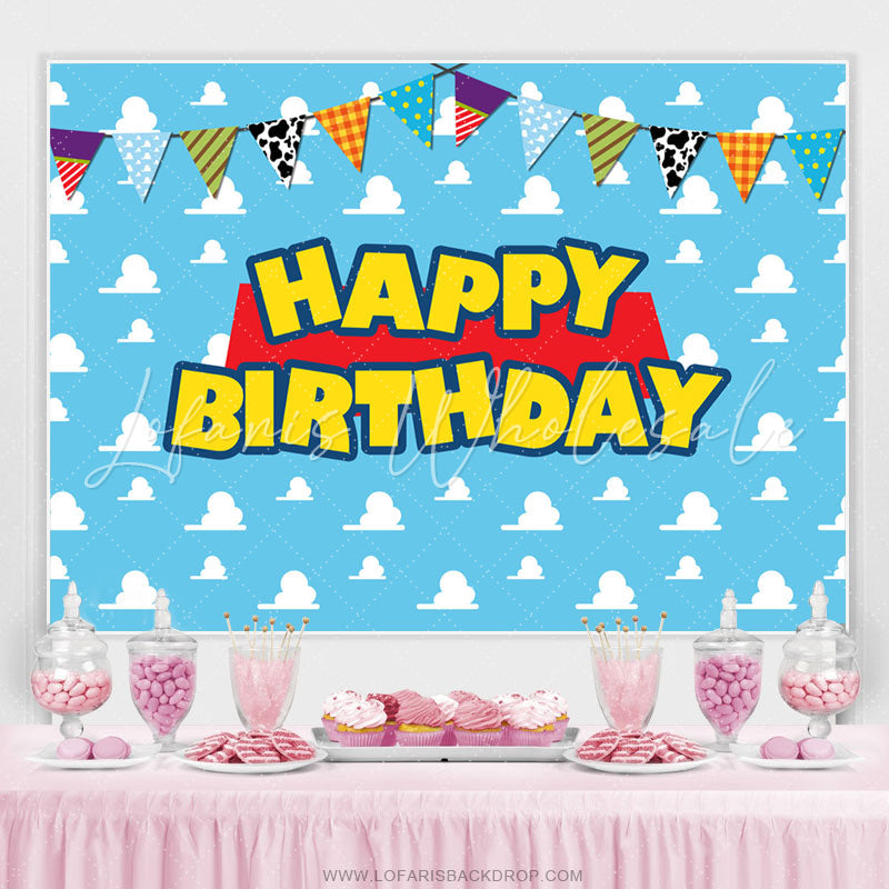Lofaris Clouds With Flags Happy Birthday Backdrop For Kids