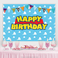 Lofaris Clouds With Flags Happy Birthday Backdrop For Kids