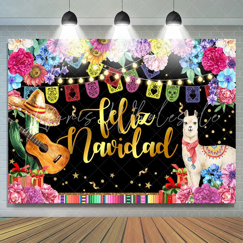 Lofaris Coloful And Glitter Floral Feliz Navidad Backdrops