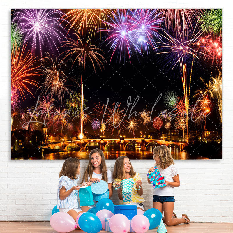 Lofaris Colored Firewokes And Lights Night Birthday Backdrop