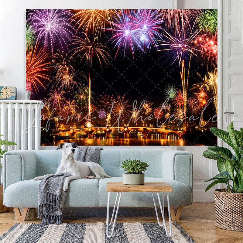 Lofaris Colored Firewokes And Lights Night Birthday Backdrop