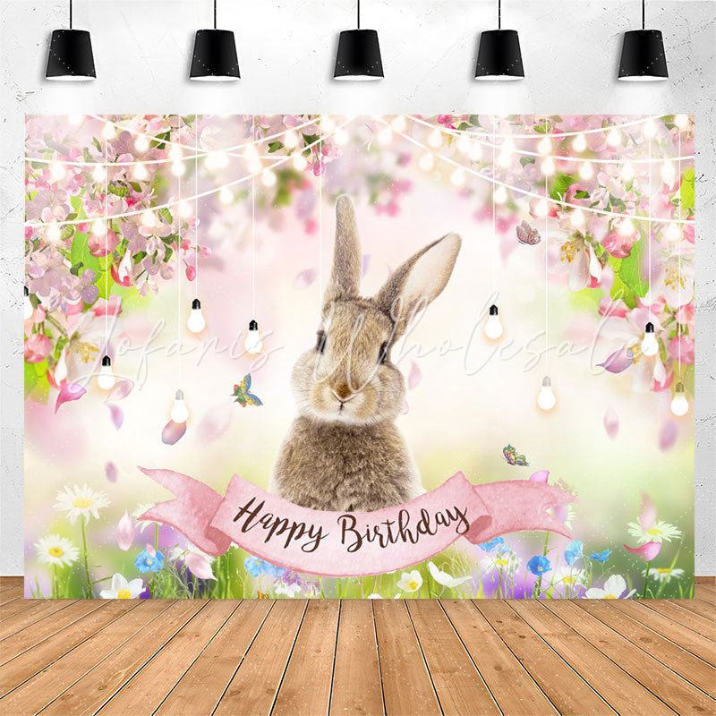 Lofaris Colored Floral Rabbit Bokeh Happy Birthday Backdrop