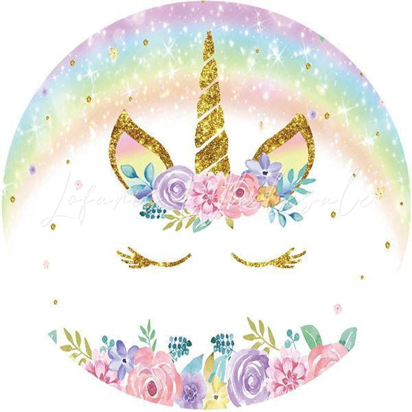 Lofaris Colored Flower Unicorn Round Happy Birthday Backdrop