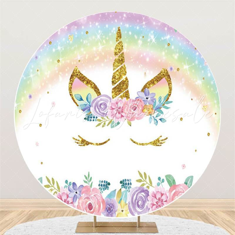 Lofaris Colored Flower Unicorn Round Happy Birthday Backdrop