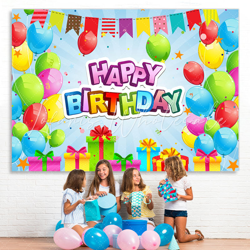 Lofaris Colorful Balloon And Gift With Flags Birthday Backdrop