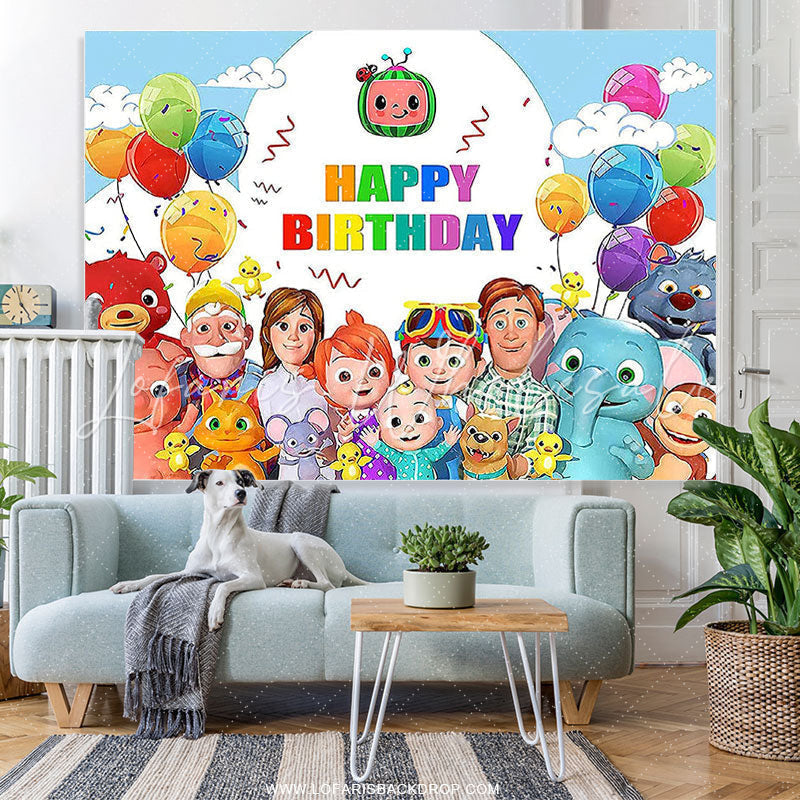 Lofaris Colorful Balloons Cartoon Happy Family Birthday Backdrop