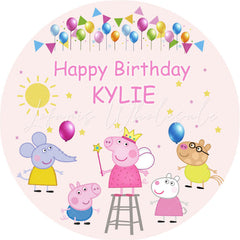 Lofaris Colorful Balloons Round Happy Cute Pigs Birthday Backdrop