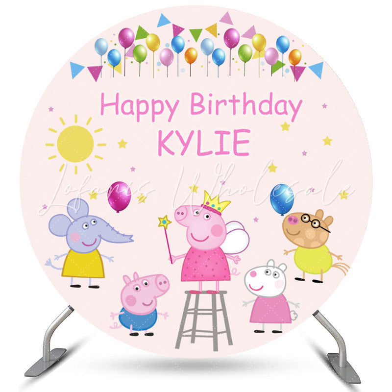 Lofaris Colorful Balloons Round Happy Cute Pigs Birthday Backdrop