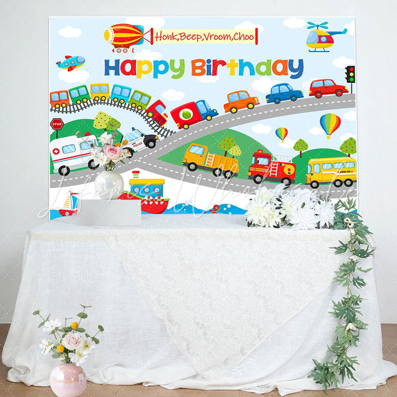 Lofaris Colorful Cars Shipping Road Happy Birthday Backdrop
