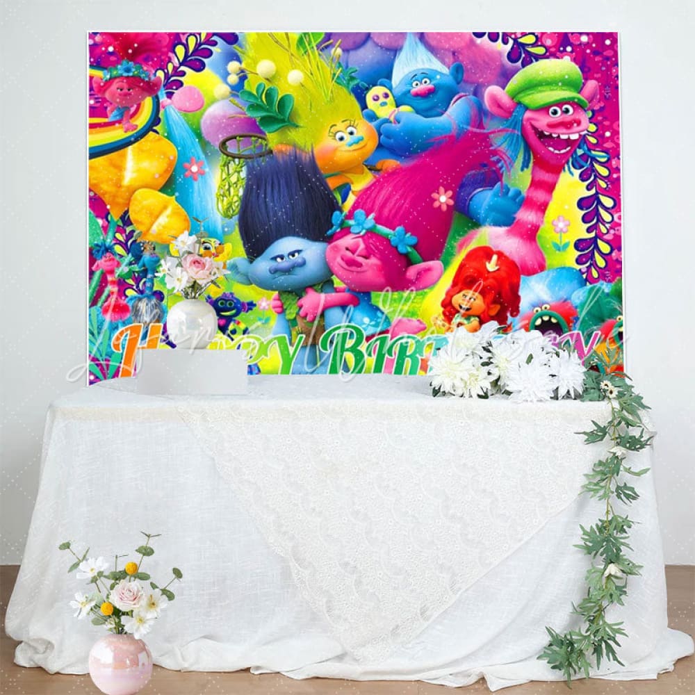 Colorful Cartoon Trolls Happy Birthday Party Backdrop For Kids