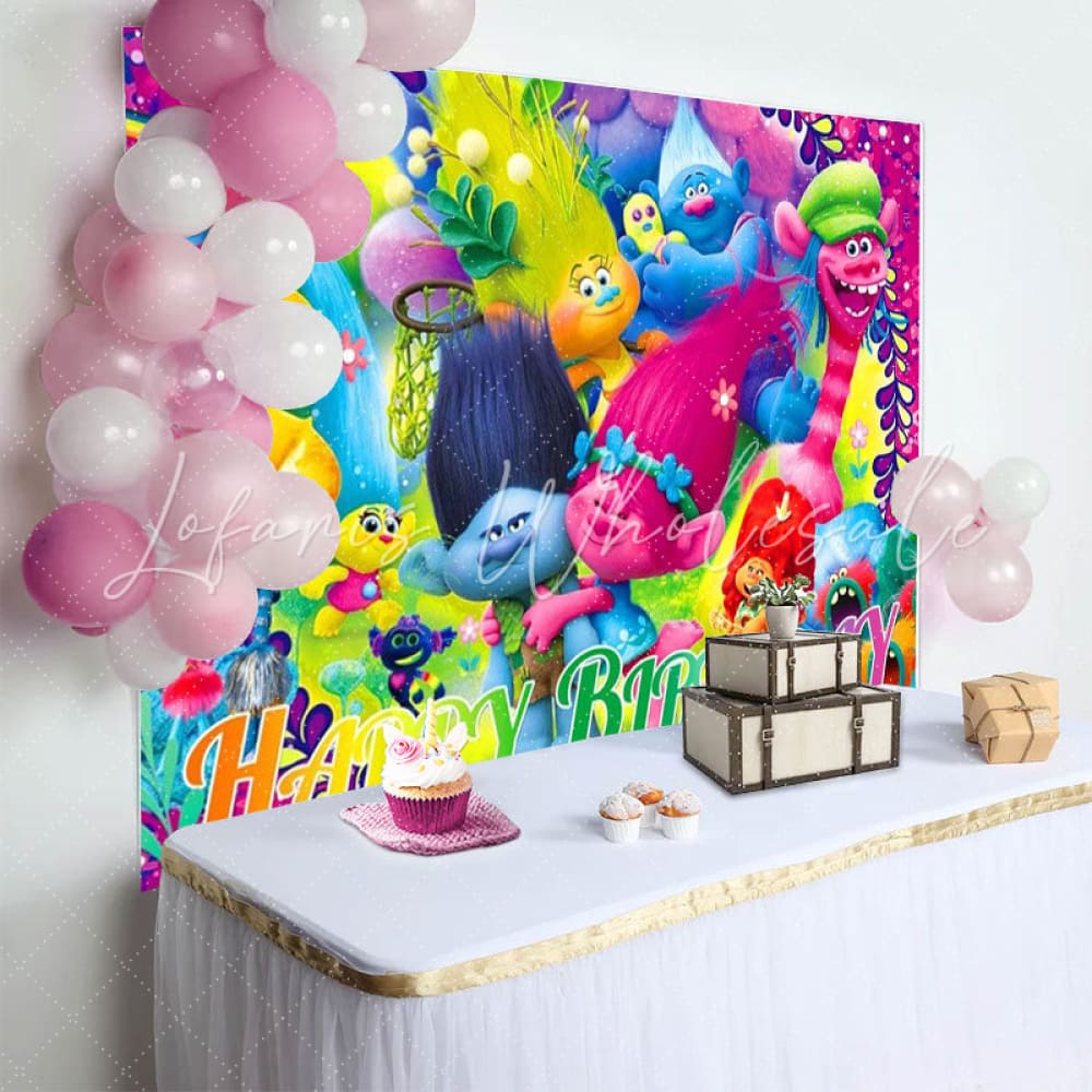 Colorful Cartoon Trolls Happy Birthday Party Backdrop For Kids