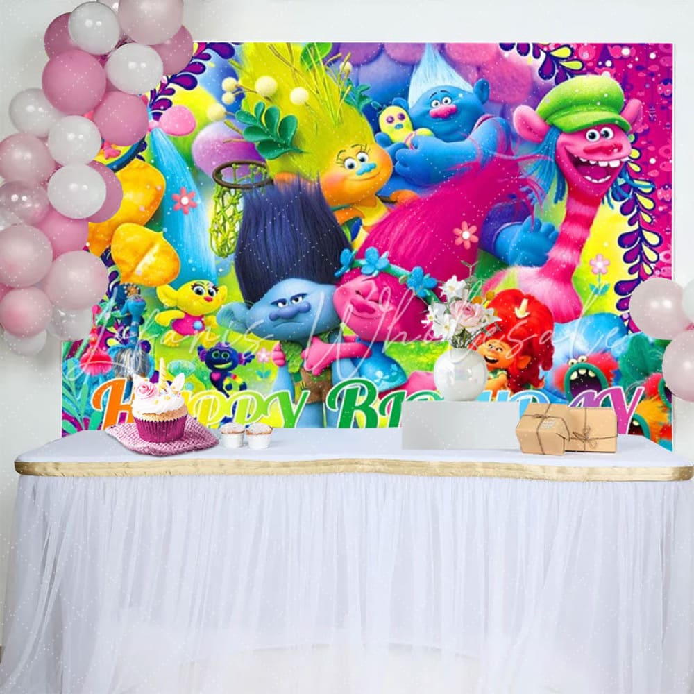 Colorful Cartoon Trolls Happy Birthday Party Backdrop For Kids