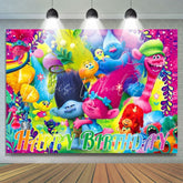 Colorful Cartoon Trolls Happy Birthday Party Backdrop For Kids