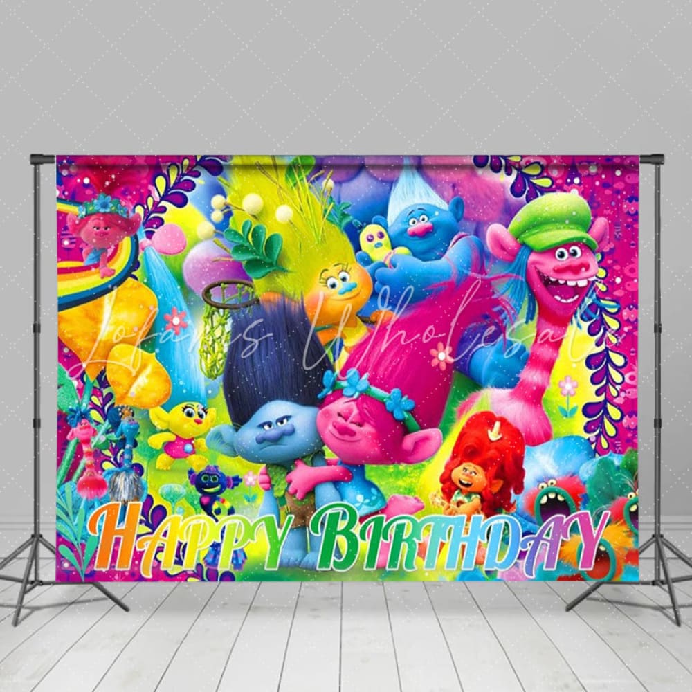 Colorful Cartoon Trolls Happy Birthday Party Backdrop For Kids