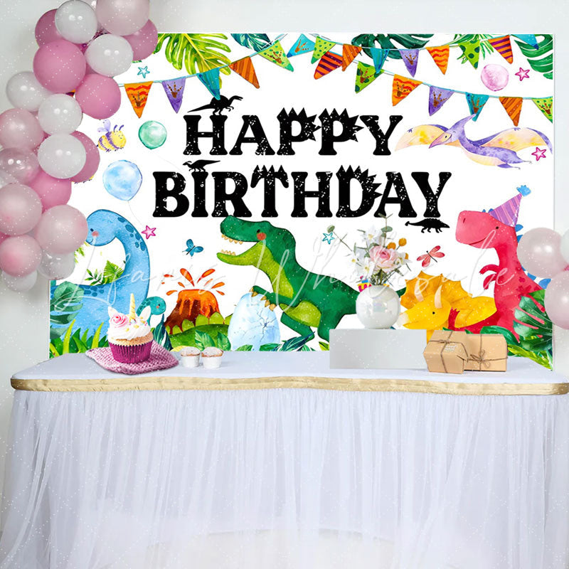 Lofaris Colorful Dinosaur Grass Monstera Birthday Backdrop