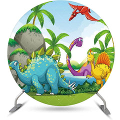 Lofaris Colorful Dinosaurs Palm Trees Round Party Backdrop