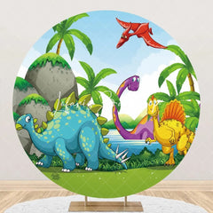 Lofaris Colorful Dinosaurs Palm Trees Round Party Backdrop