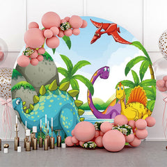 Lofaris Colorful Dinosaurs Palm Trees Round Party Backdrop