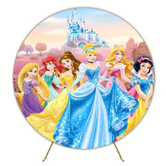 Colorful Disney Princess Castle Round Birthday Backdrop For Girls