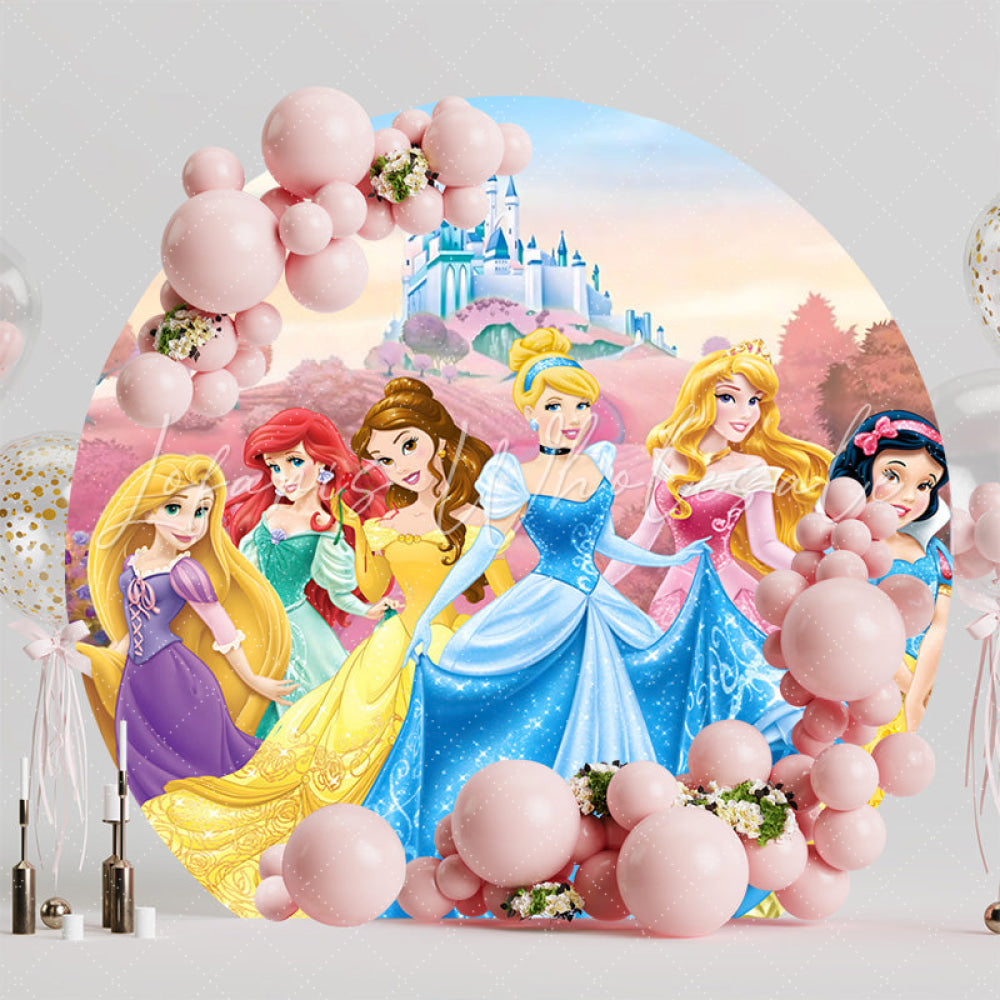 Colorful Disney Princess Castle Round Birthday Backdrop For Girls