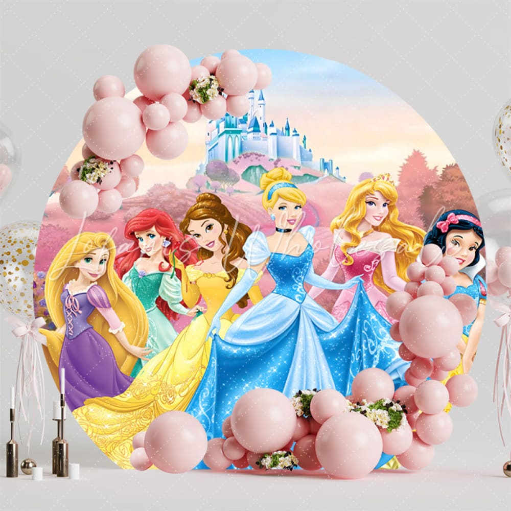 Colorful Disney Princess Castle Round Birthday Backdrop For Girls