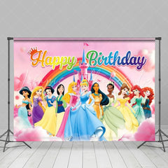 Colorful Disney Princess Happy Birthday Backdrop For Girls Kids