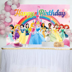 Colorful Disney Princess Happy Birthday Backdrop For Girls Kids