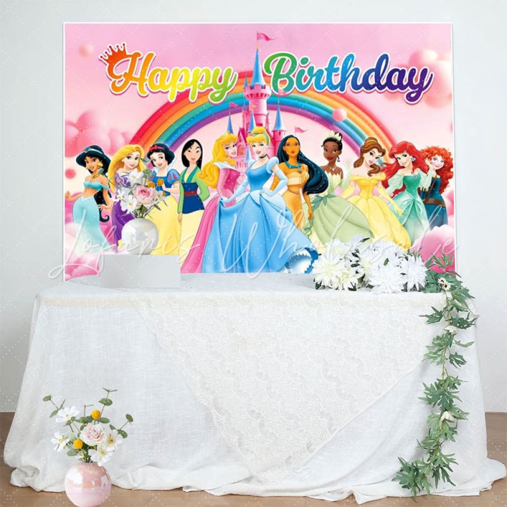 Colorful Disney Princess Happy Birthday Backdrop For Girls Kids