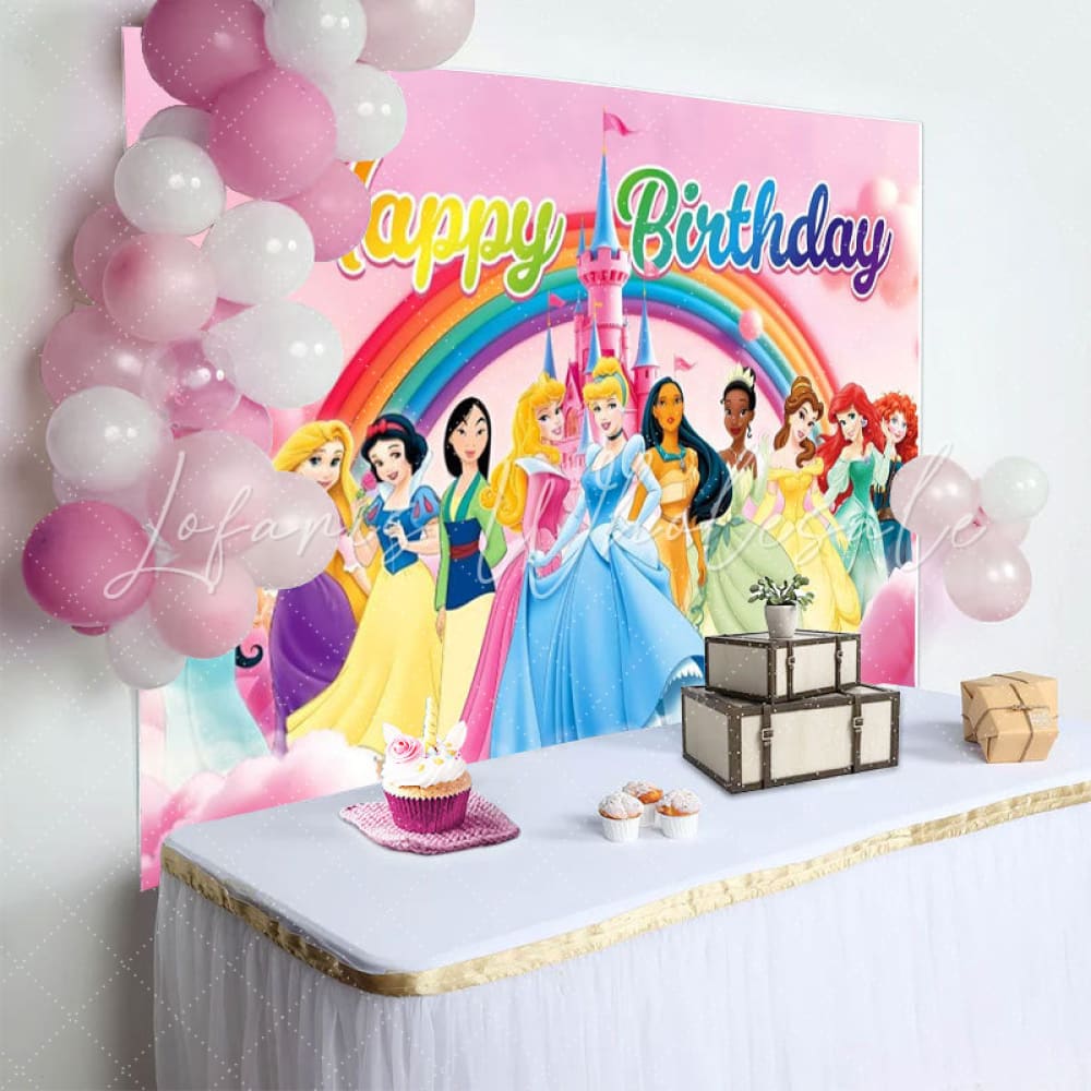 Colorful Disney Princess Happy Birthday Backdrop For Girls Kids