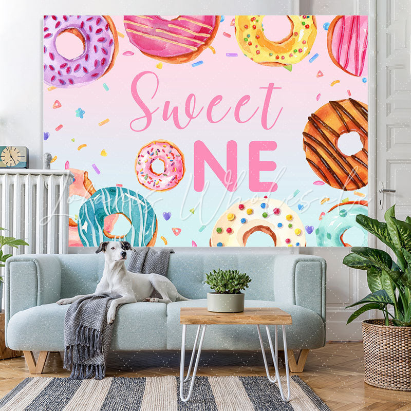 Lofaris Colorful Donut Themed Sweet One Happy Birthday Backdrop