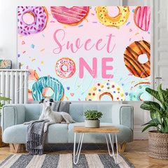 Lofaris Colorful Donut Themed Sweet One Happy Birthday Backdrop