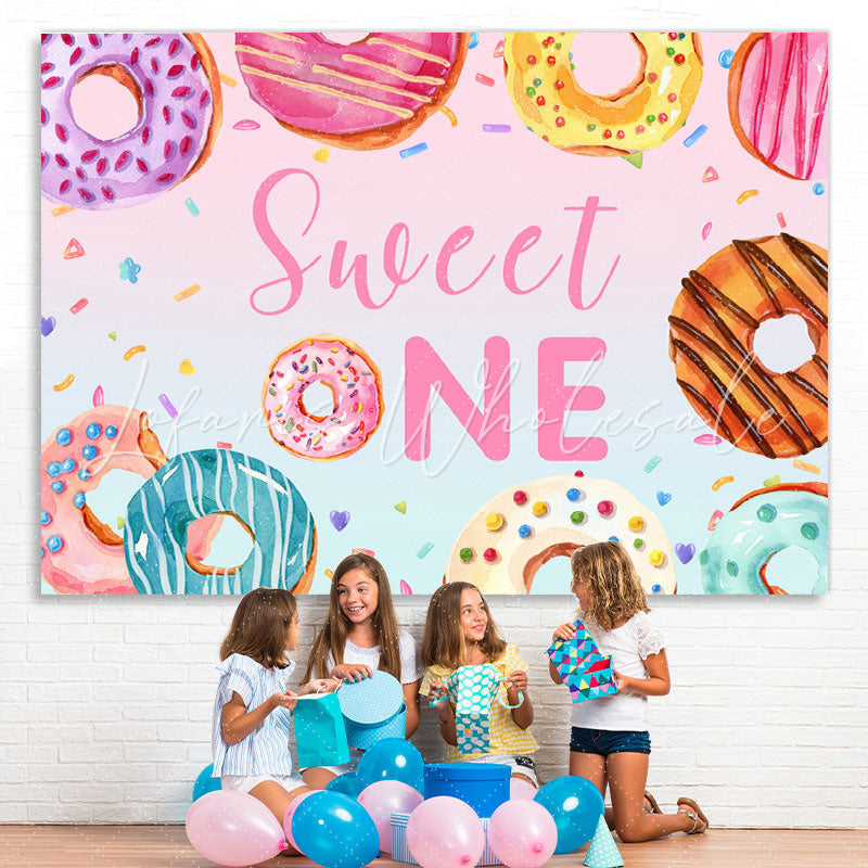 Lofaris Colorful Donut Themed Sweet One Happy Birthday Backdrop