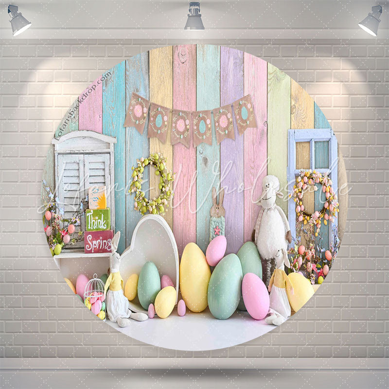 Lofaris Colorful Eggs Floral Wooden Circle Easter Backdrop
