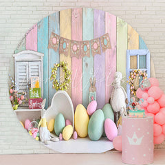 Lofaris Colorful Eggs Floral Wooden Circle Easter Backdrop